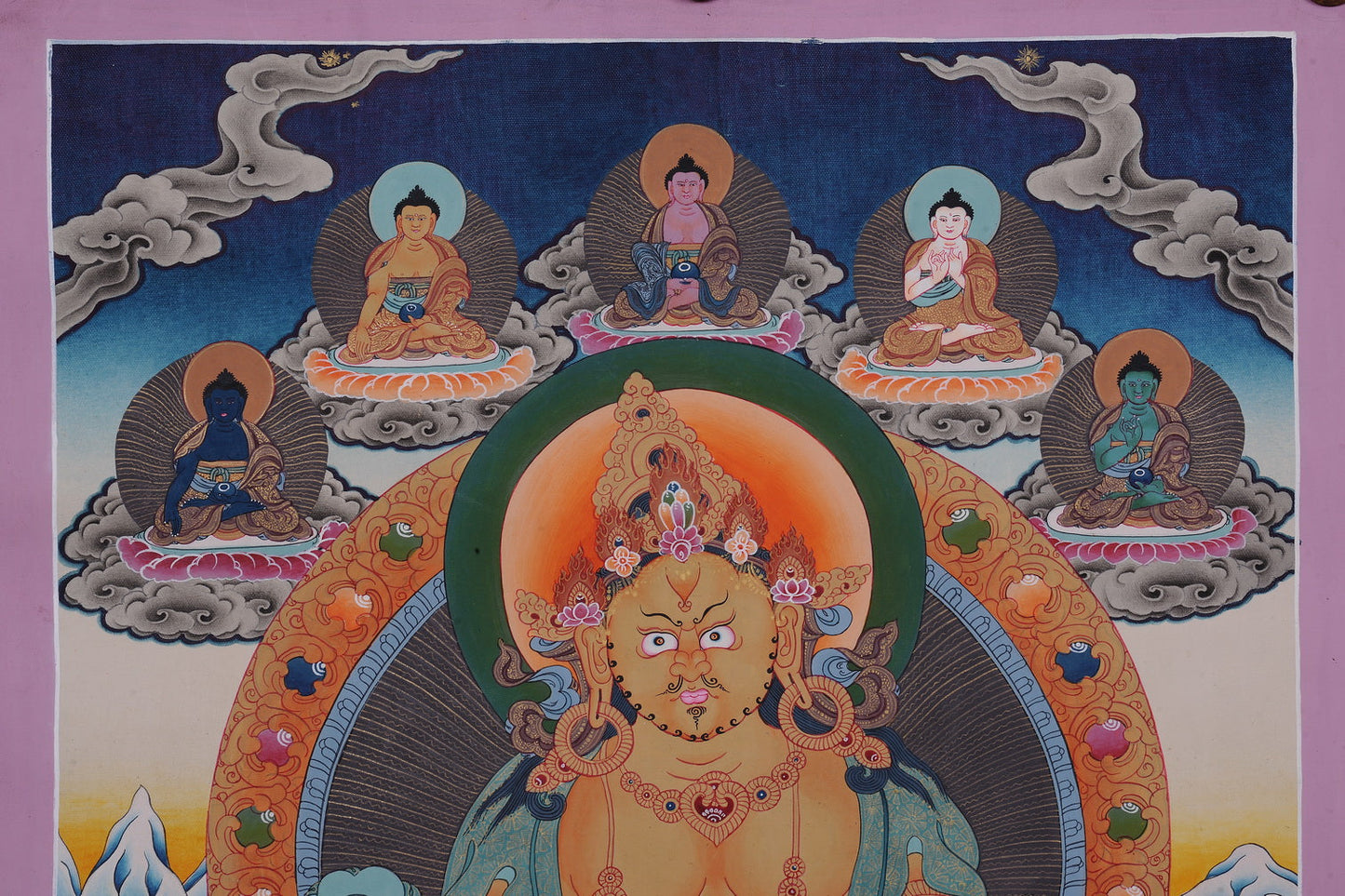 Embrace Abundance: Hand-Painted Jambhala Thangka with Five Dhyani Buddhas (45x32 cm)