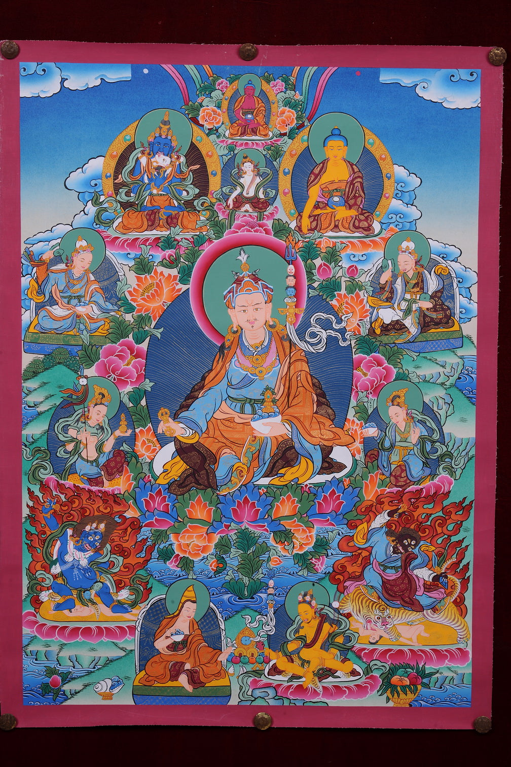 Unveil Sacred Lineage: Exquisite Guru Rinpoche Thangka with Buddhist Masters (67x48 cm)