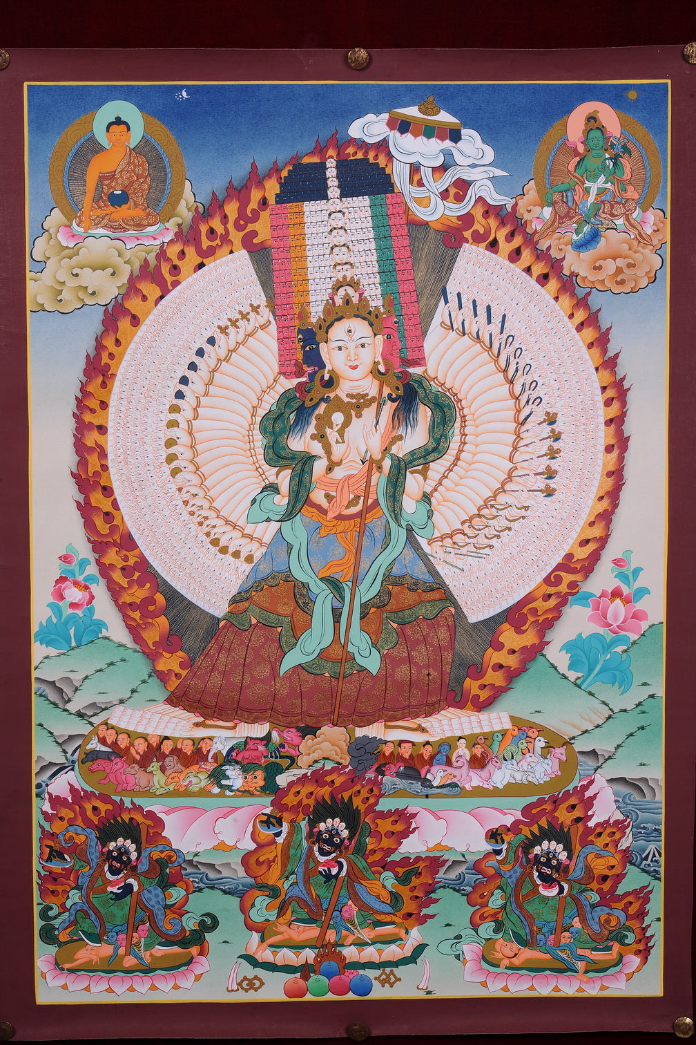 Divine Trinity: Exquisite Thangka of White Tara, Shakyamuni Buddha, & Green Tara (81x57 cm)