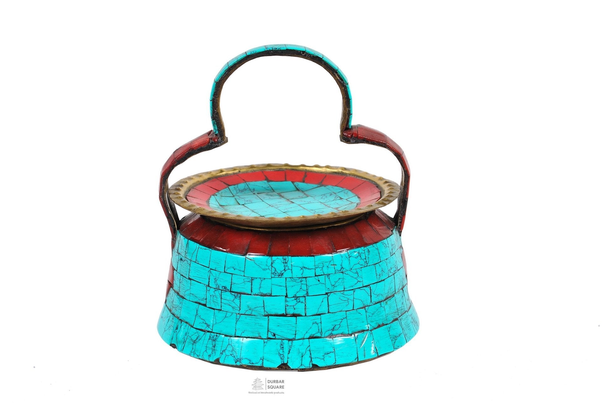 Handcrafted bronze kamandalu water pot decorated with colored Tibetan stones