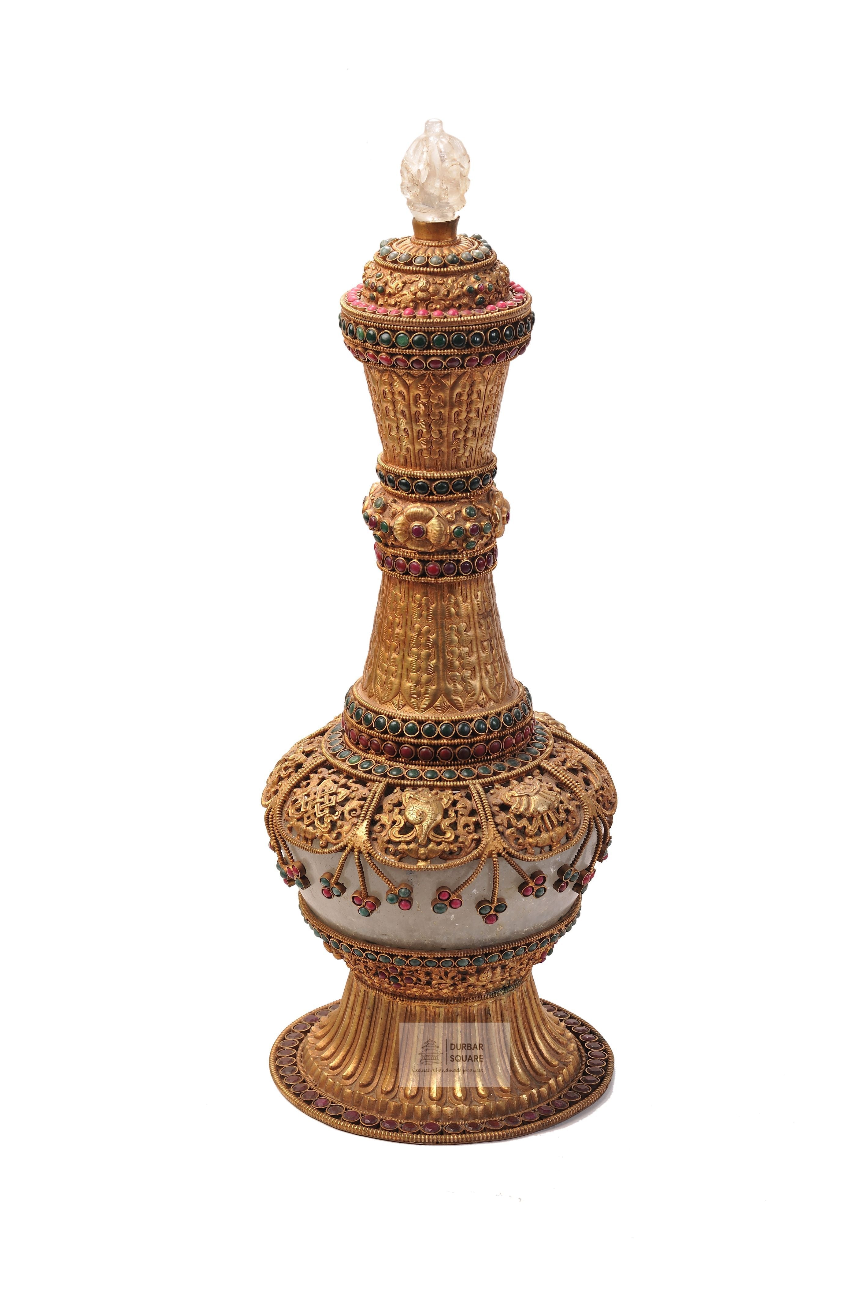 Handcrafted copper surahi water jug decorated with crystal quartz, rubies and emeralds