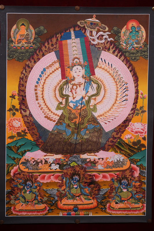 Embrace Divine Feminine: Exquisite White Tara Thangka with Shakyamuni & Green Tara (81x57 cm)
