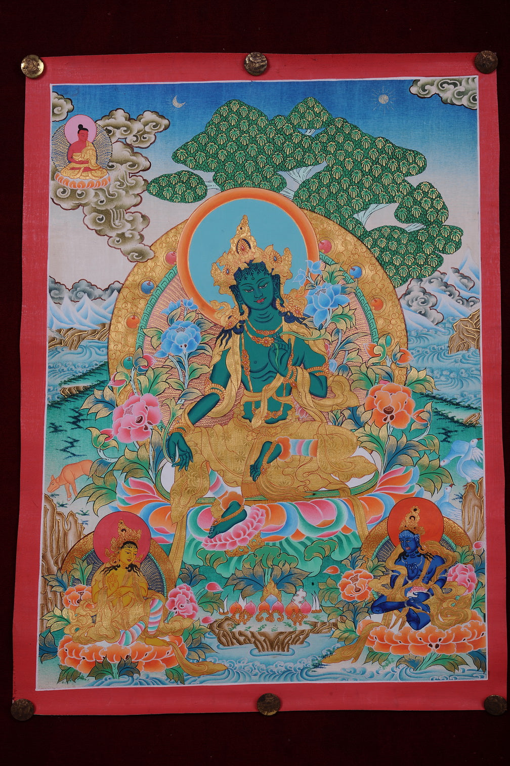 Embrace Radiant Compassion: Golden Green Tara Thangka (49x34 cm)
