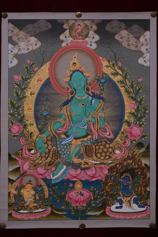 Embrace Compassion & Wisdom: Exquisite Green Tara Thangka with Buddha (64x46 cm)
