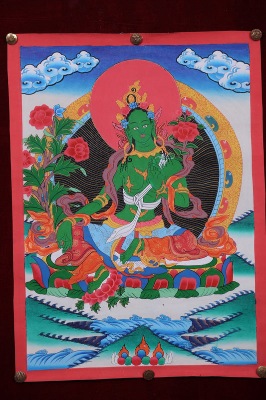 Embrace Swift Compassion: Vibrant Green Tara Thangka (52x37 cm)
