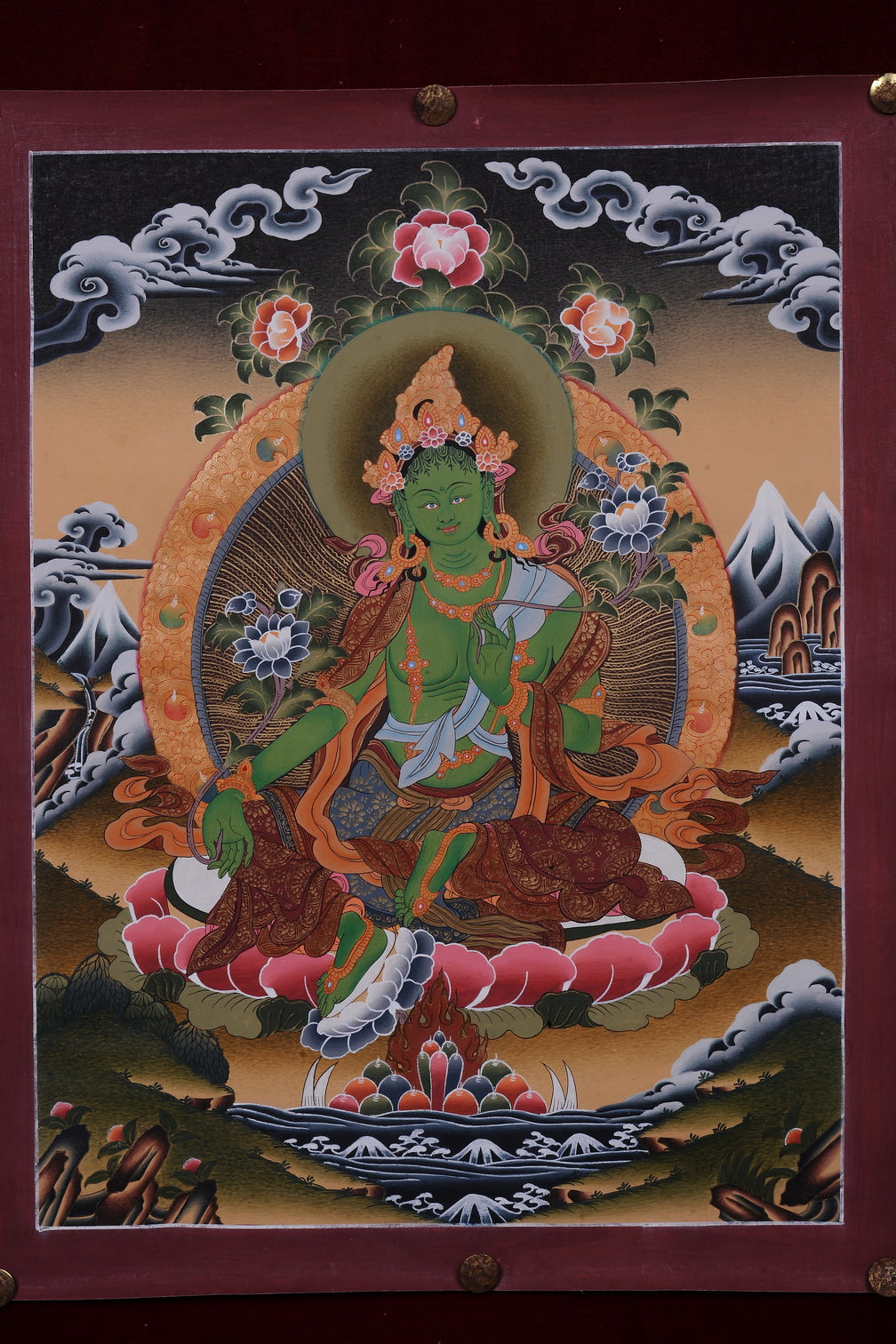 Embrace the Mystical: Dark-Shaded Green Tara Thangka (51x38 cm)
