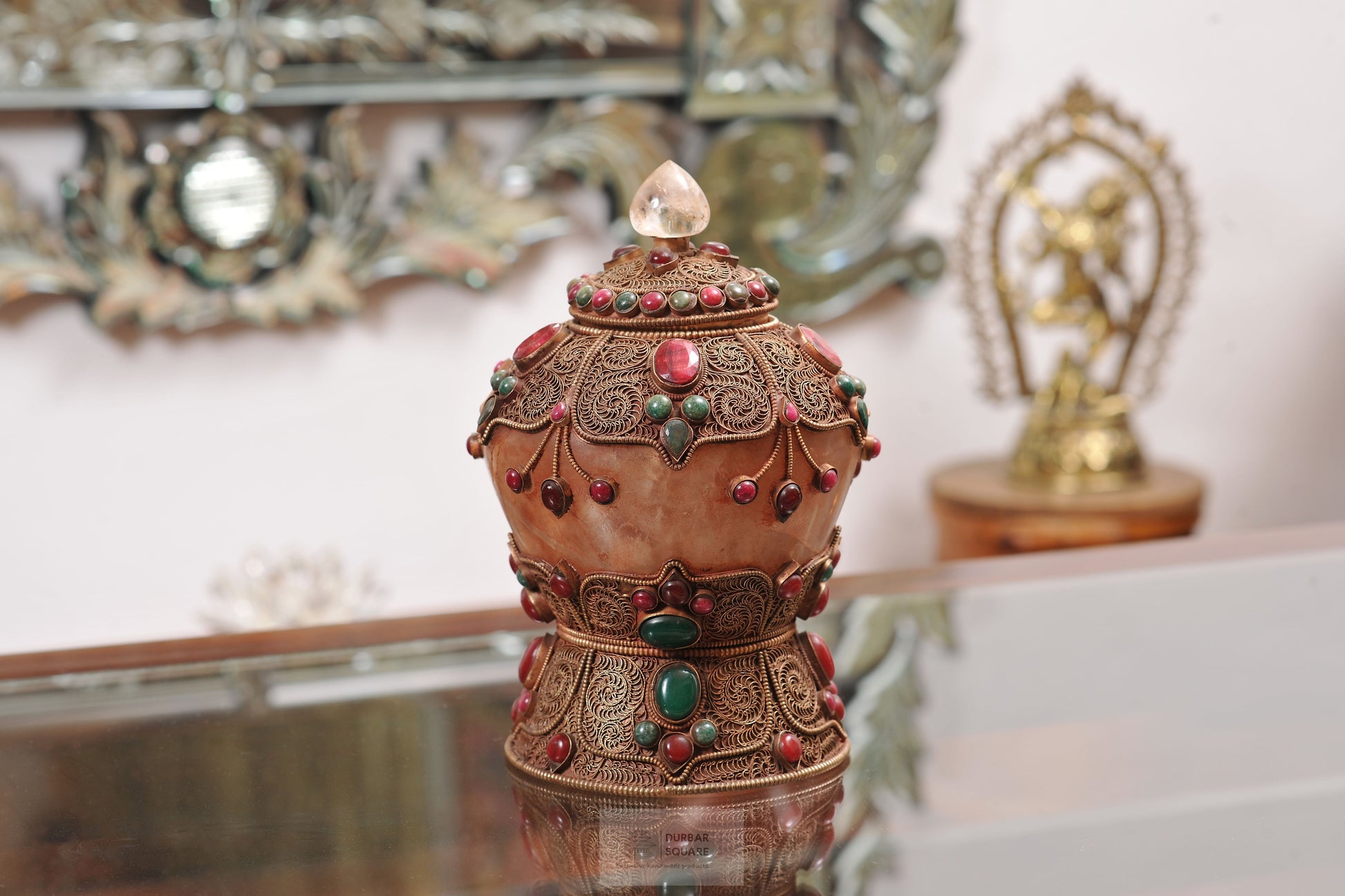 Filgiri Carved Pot with Ruby, Emerald and Quartz