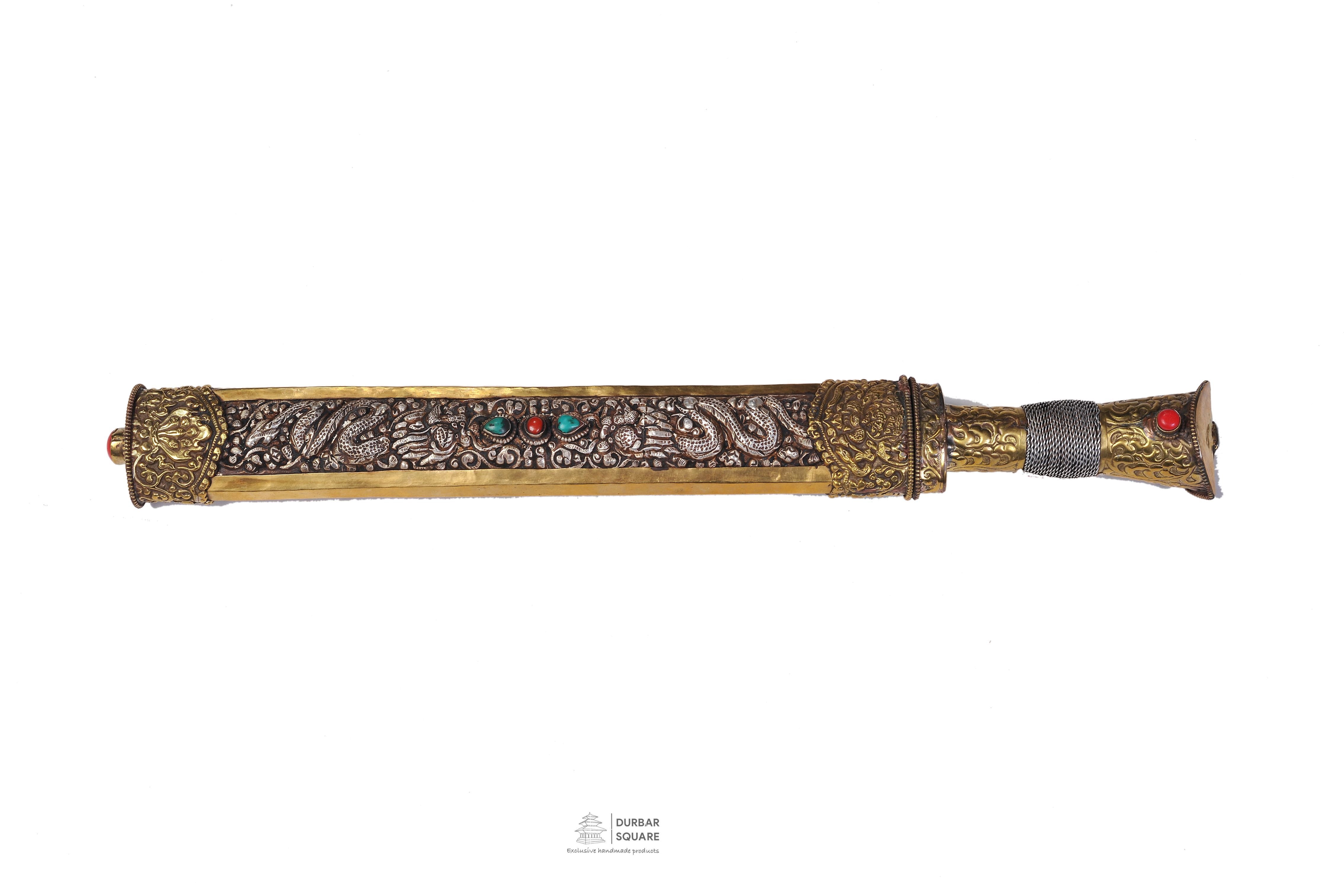 Silver and gold plated dagger with dragon openwork, wire-wrapped grip and turquoise and coral inlay