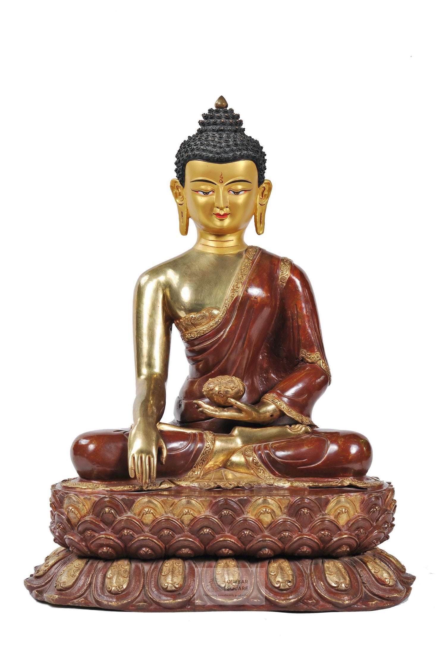 Gold-plated copper Buddha statue seated cross-legged on a double lotus throne, right hand touching the base in the earth-touching gesture
