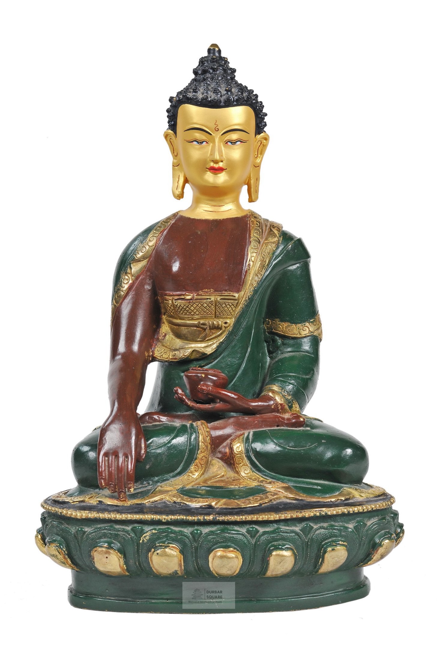 Seated Shakyamuni Buddha statue with right hand touching the earth and a bowl resting in the left hand