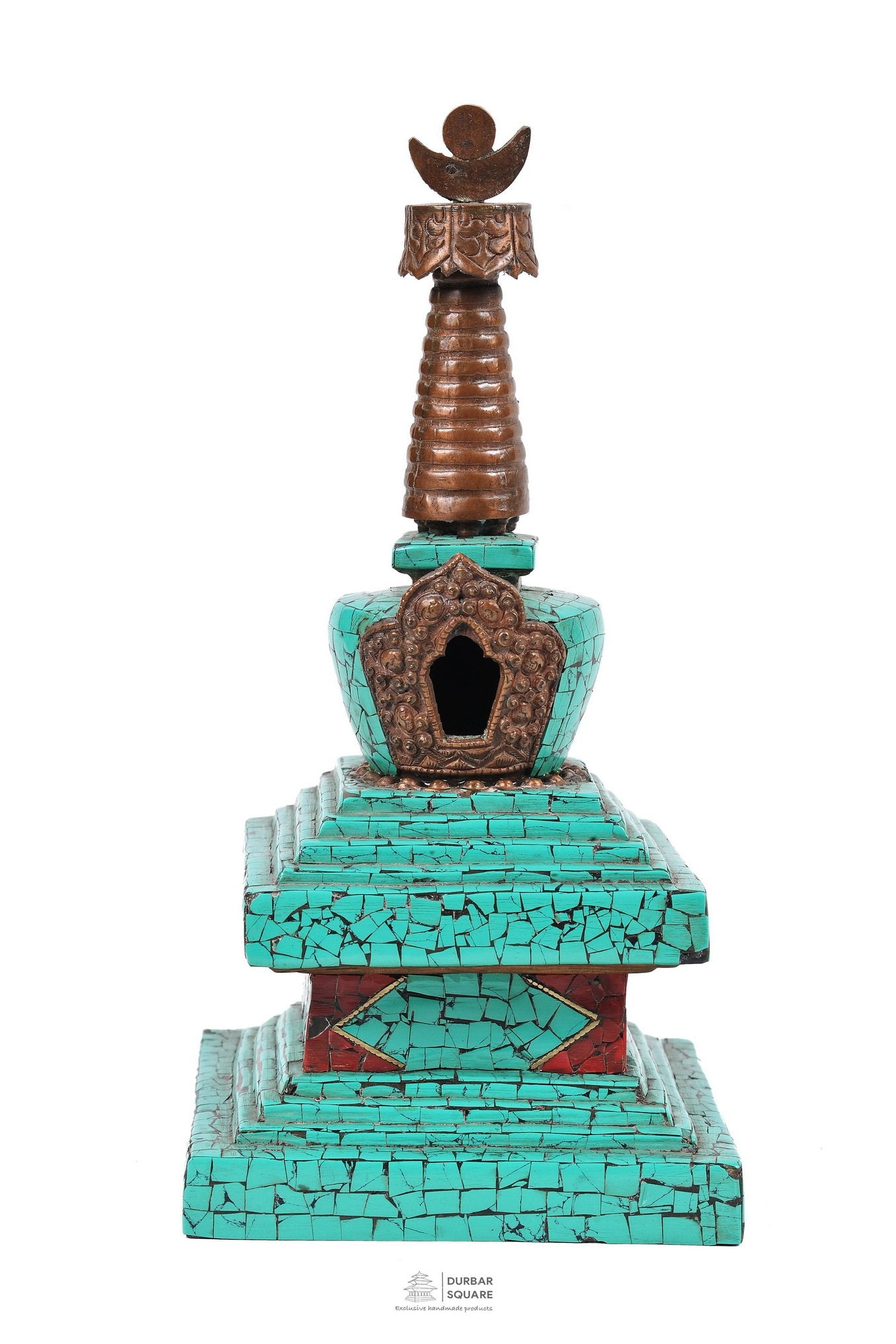 Copper stupa inlaid with turquoise-coloured stones, with stepped base, ringed spire and crescent finial