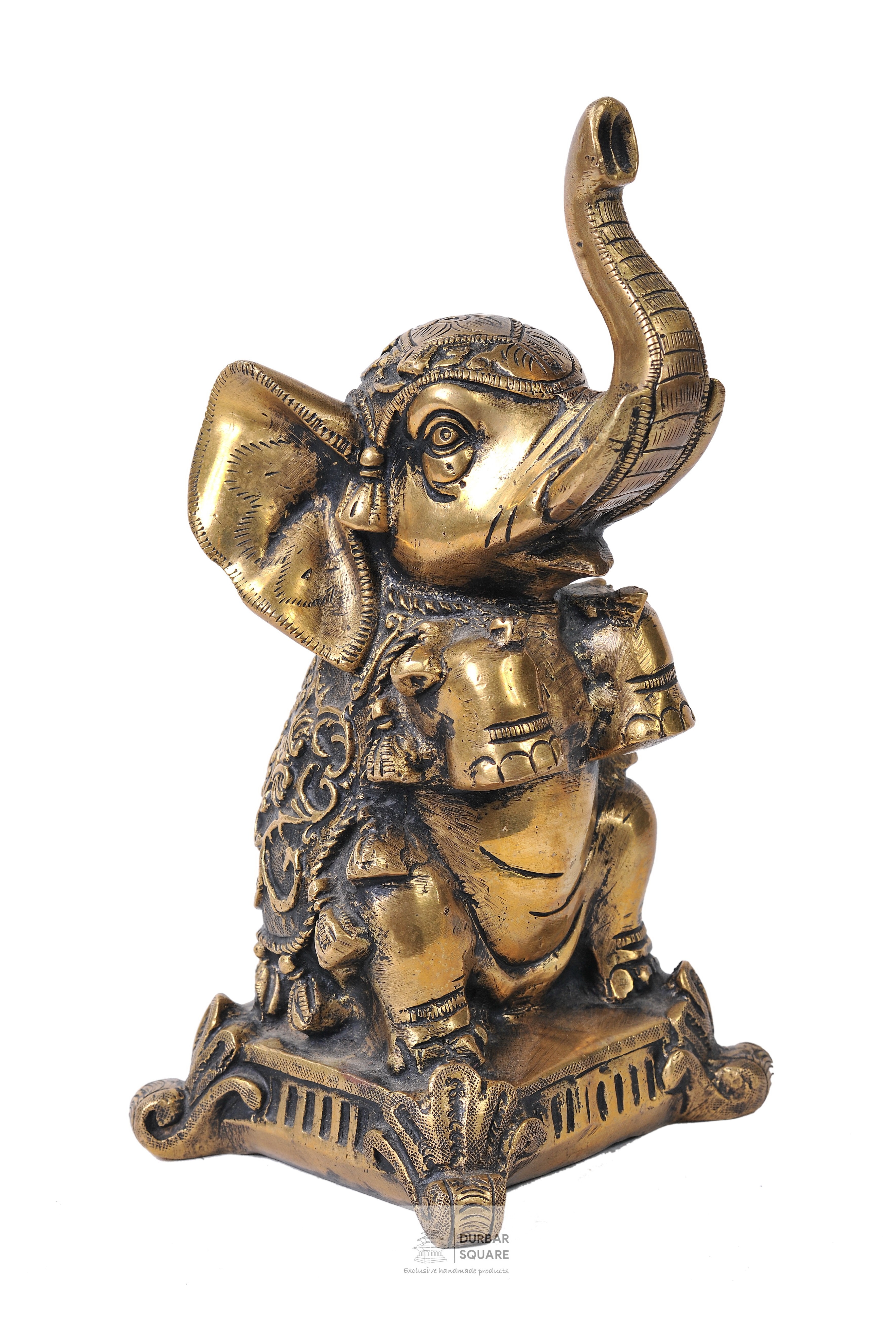 Handmade bronze Trunk Up Elephant figurine with trunk raised high, wearing an engraved headdress and bells