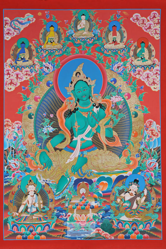 Green Tara Thangka with 5 Buddhas
