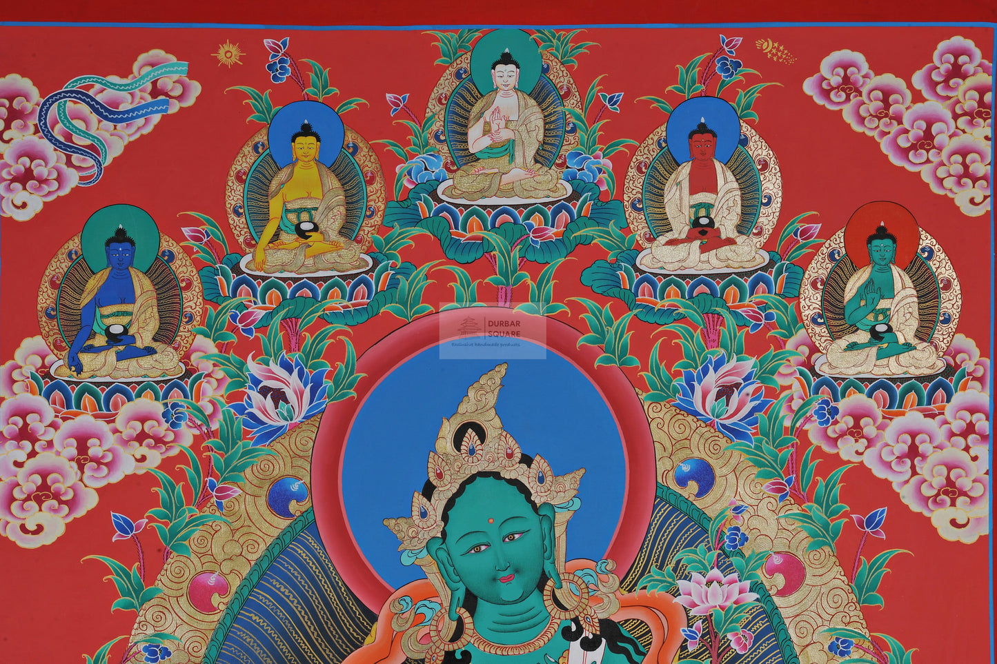 Green Tara Thangka with 5 Buddhas