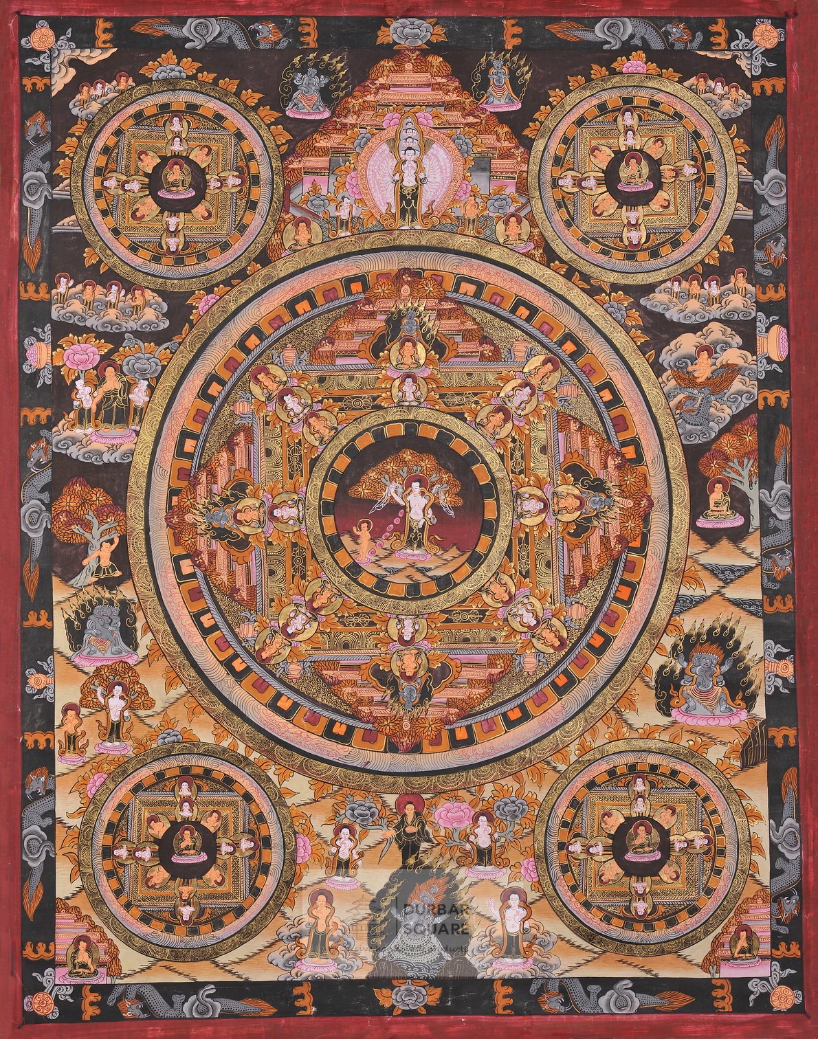 Handpainted mandala thangka with a central figure within concentric patterned circles, four smaller mandalas at the corners and narrative scenes around the border